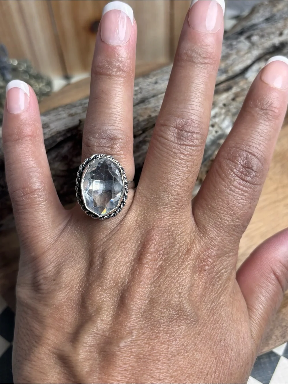 Clear Crystal Oval StatementSilver  Ring - Women Size 7